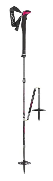 Skitourenstock Leki Tourstick Vario Carbon Lady, grau und pink, zusammengeklappt und ausgezogen sichtbar.