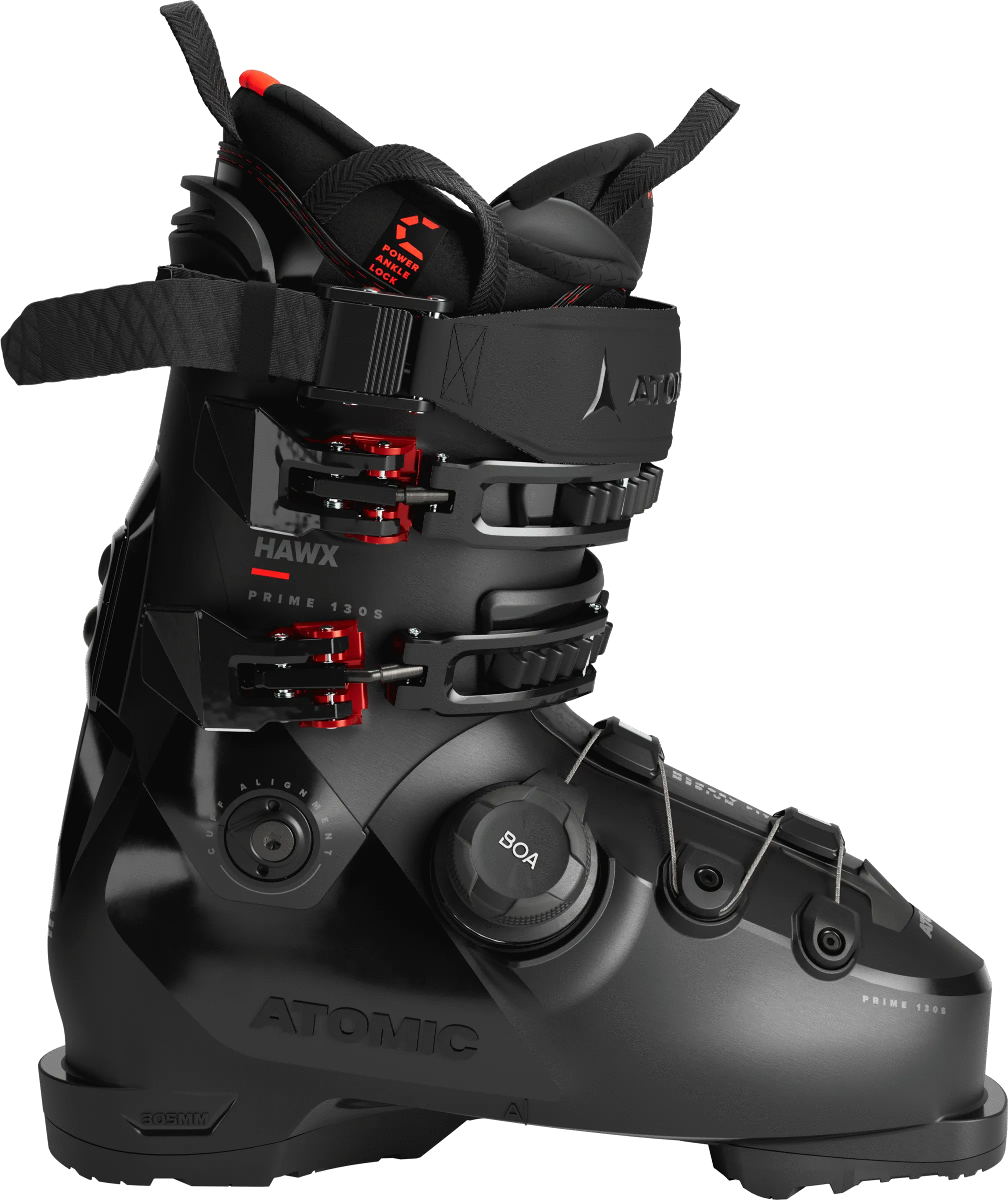 A black, new Atomic ski boot with red details, taken from the side against a white background.