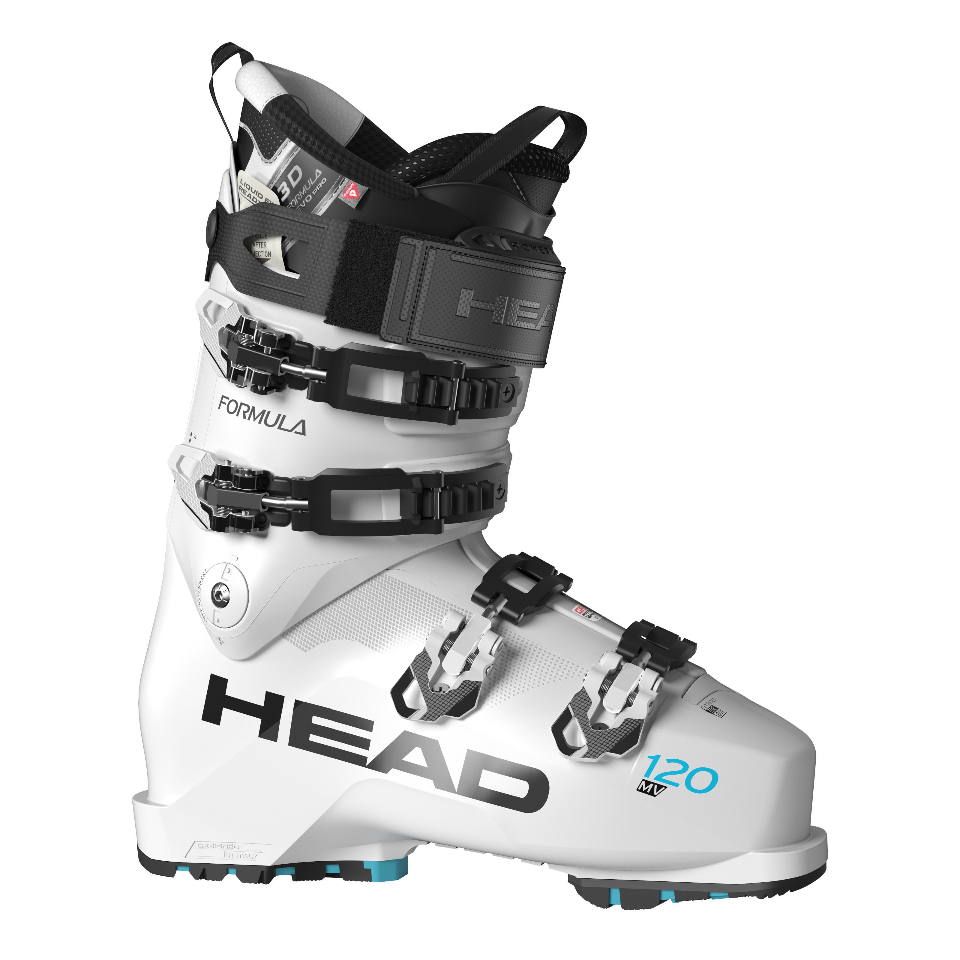 Weißer Head Formula 120 MV GW Skischuh, seitliche Ansicht, schwarze Schnallen und Markenschriftzug.