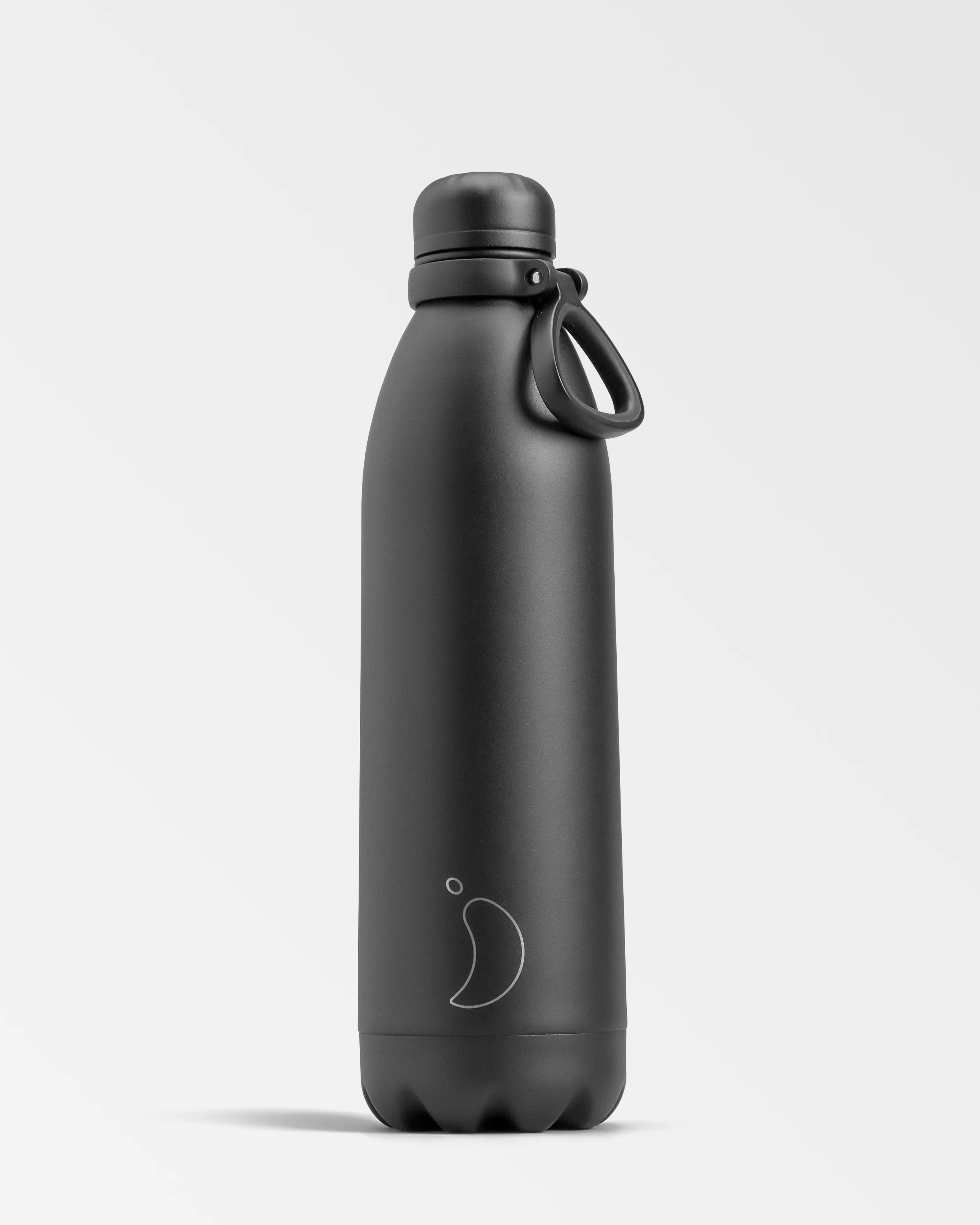 Gourde noire Chillys, 1.8L, debout. Design minimaliste, forme cylindrique avec couvercle arrondi.