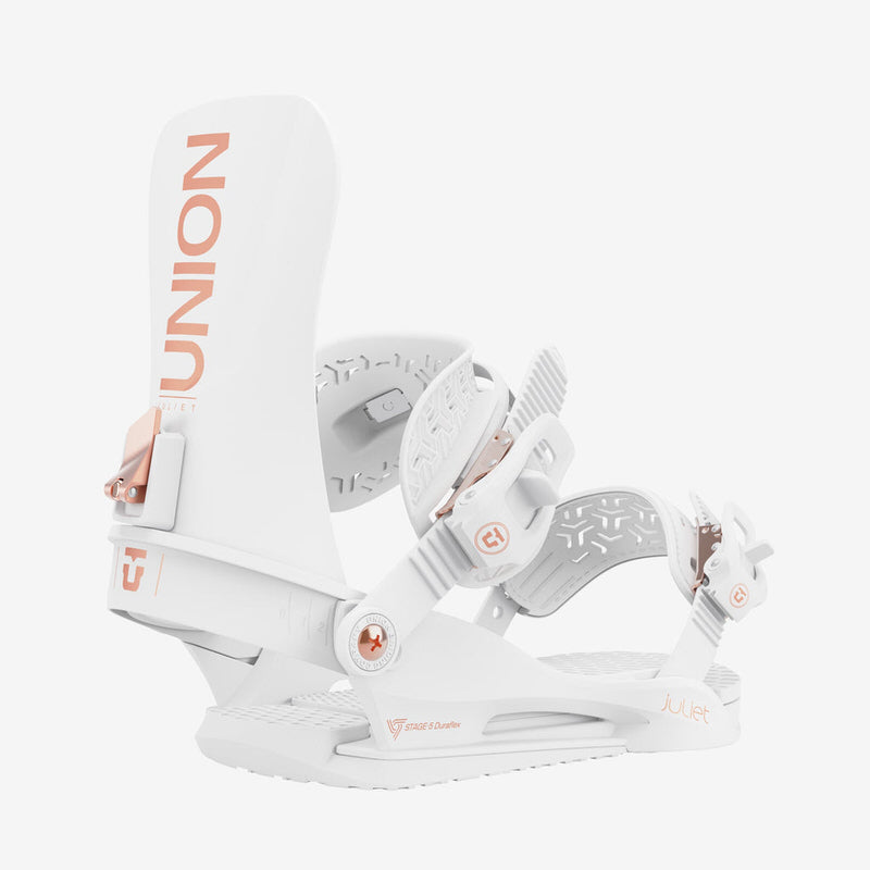 Weiße Union Juliet Snowboardbindung mit bronzefarbenen Akzenten, seitliche Ansicht.
