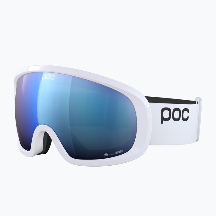 Weiße POC Fovea Mid Skibrille mit blauer Clarity Scheibe, seitliche Ansicht.