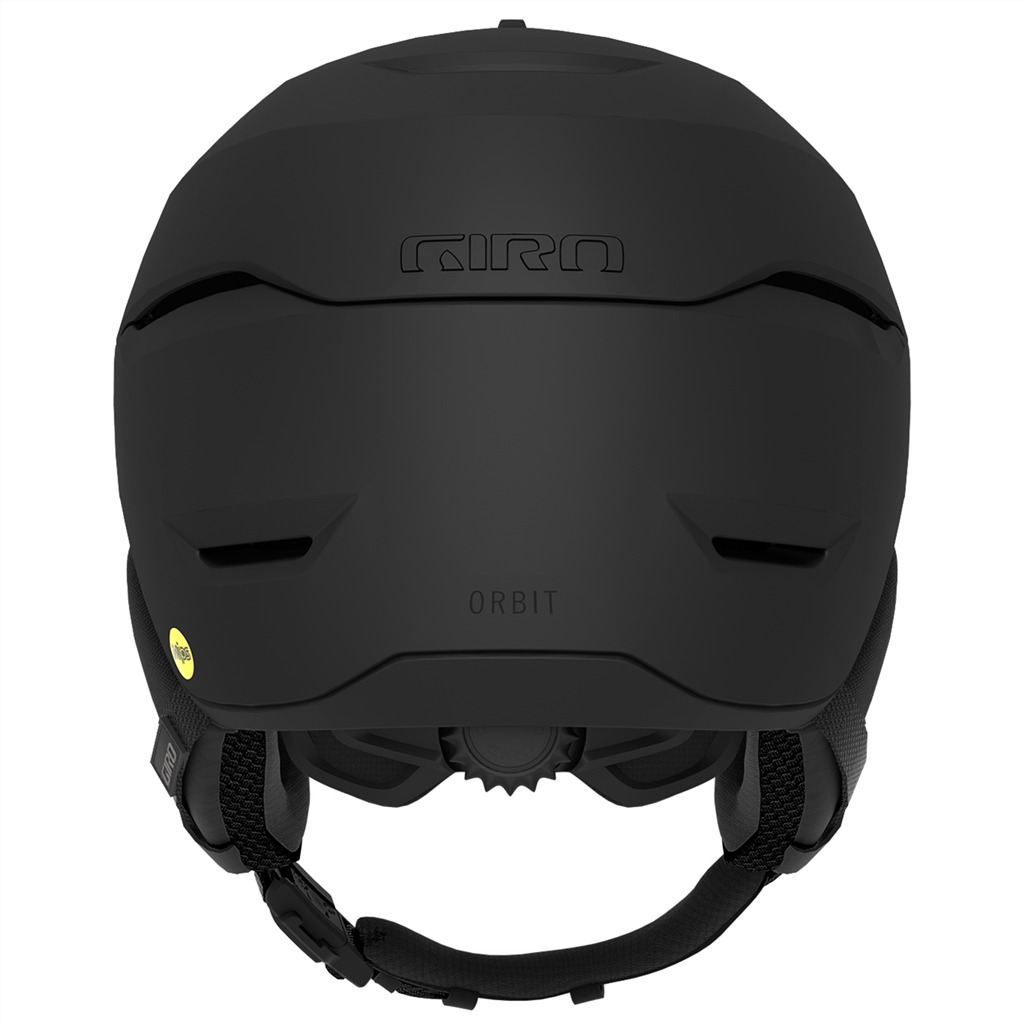 Casque de ski noir Giro Orbit Mips, vue arrière, avec les inscriptions "GIRO" et "ORBIT". Jugulaire visible.