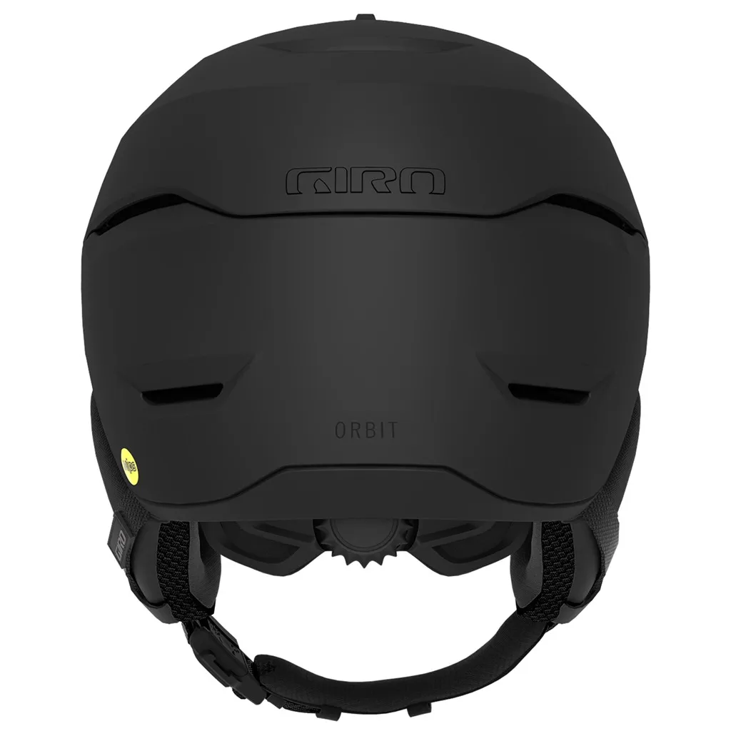 Casco da sci Giro Orbit Mips nero, vista posteriore, con scritte "GIRO" e "ORBIT". Cinturino sottogola visibile.