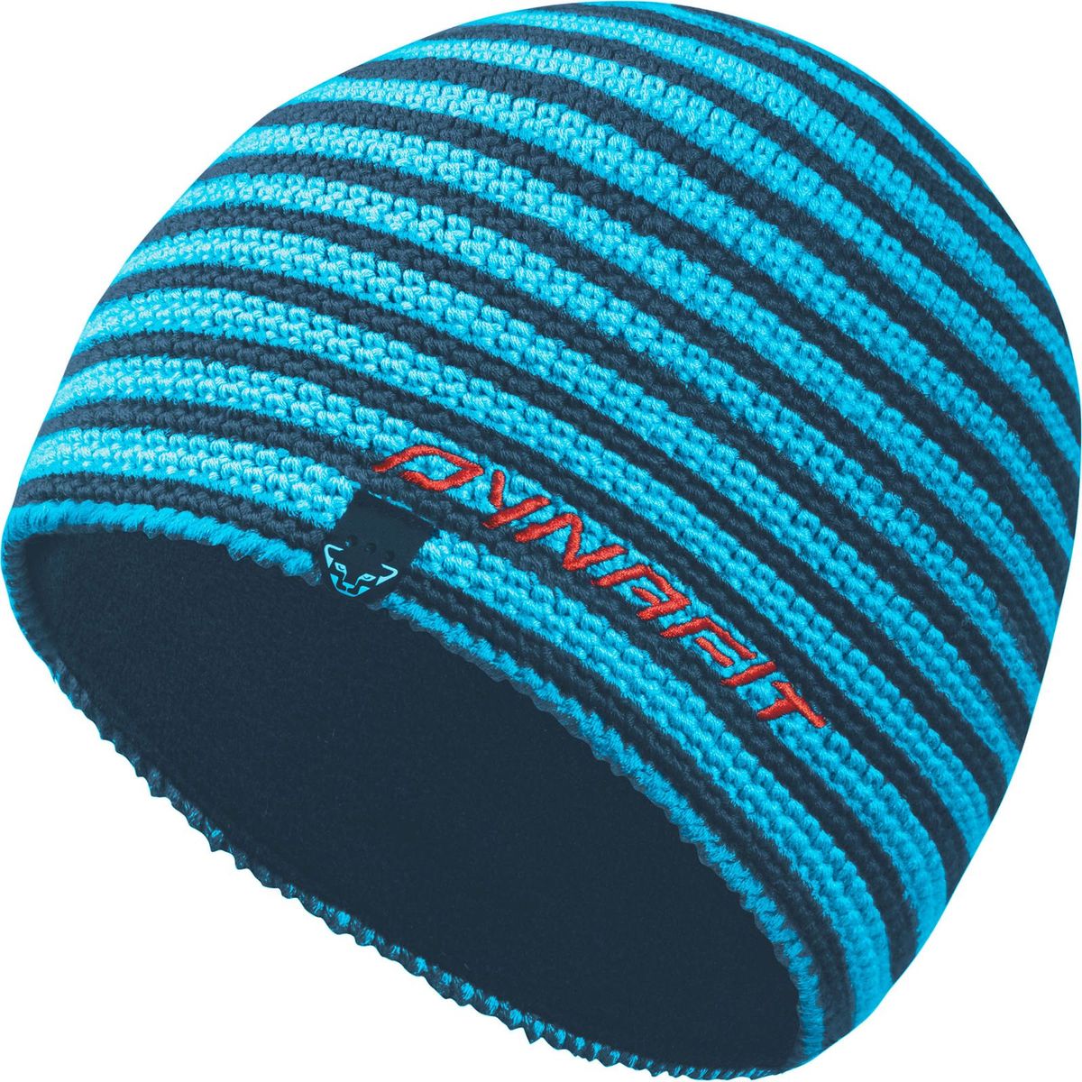 Bonnet rayé Dynafit  Bonnet tricoté à rayures bleues et turquoises Dynafit avec une inscription rouge et une doublure sombre.