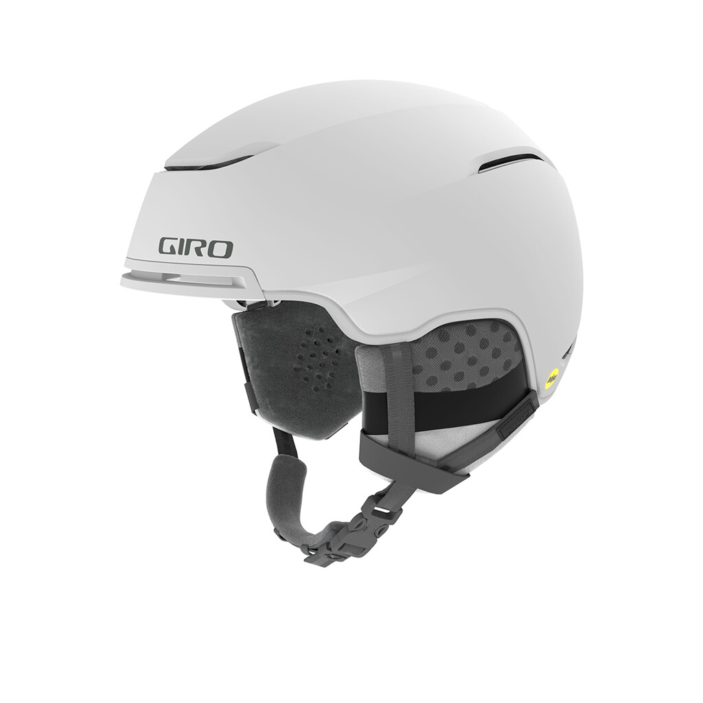 Weißer Giro Terra MIPS Skihelm mit Ohrenpolstern und Kinnriemen, seitliche Ansicht.