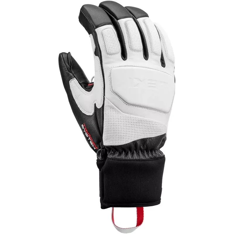 Black and white glove, white palm, black fingers, black cuff, red loop.
