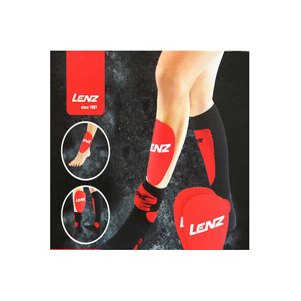 Emballage Lenz Gel Pad Emballage Lenz Gel Pad tibia 1.0 : jambe avec chaussette noire et Gel Pad rouge, pied et jambe avec Gel Pad en cercle.