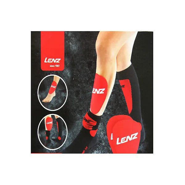 Emballage Lenz Gel Pad tibia 1.0 : jambe avec chaussette noire et Gel Pad rouge, pied et jambe avec Gel Pad en cercle.