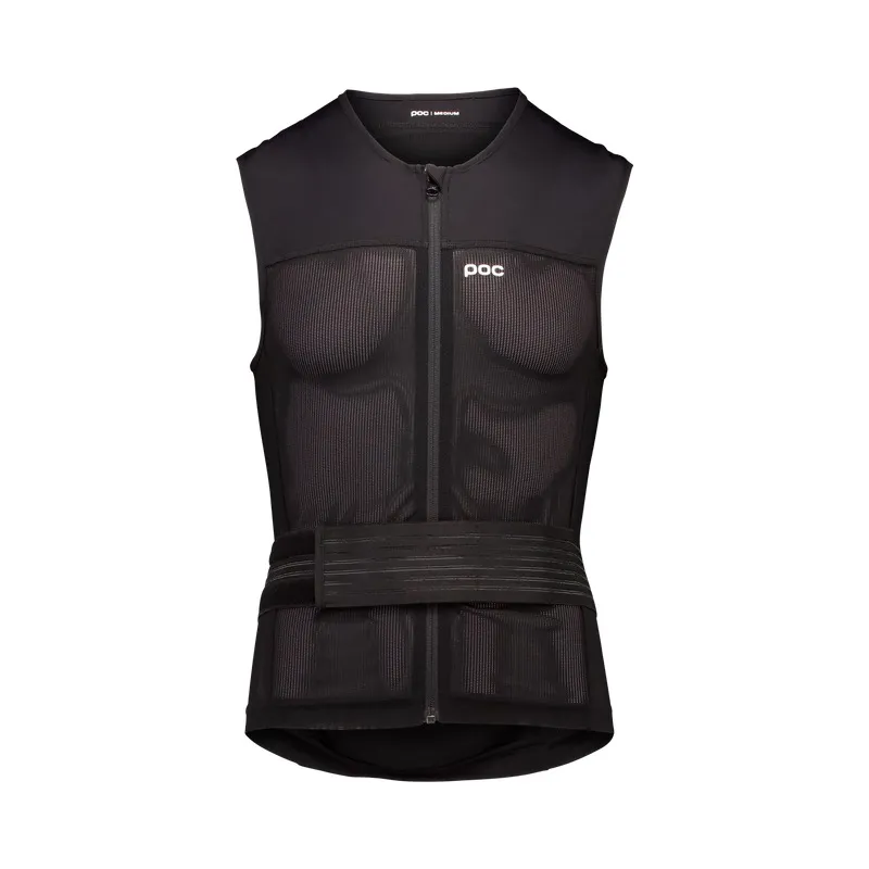 Black POC VPD Air vest with zipper and front protectors, with thin waistband, from the front.