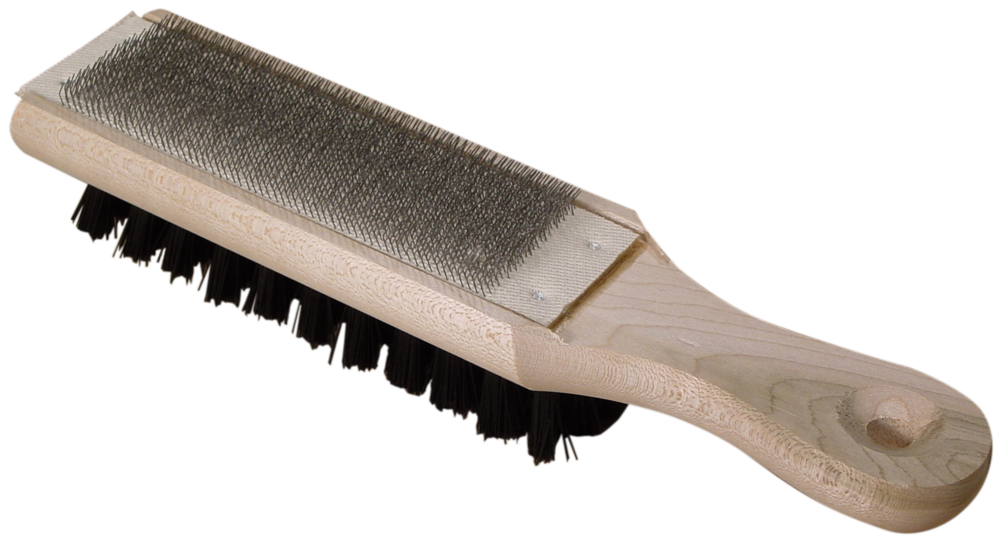 Doppelseitige Feilenbürste aus Holz mit Draht- und Borsten-Seite zur Reinigung von Feilen.