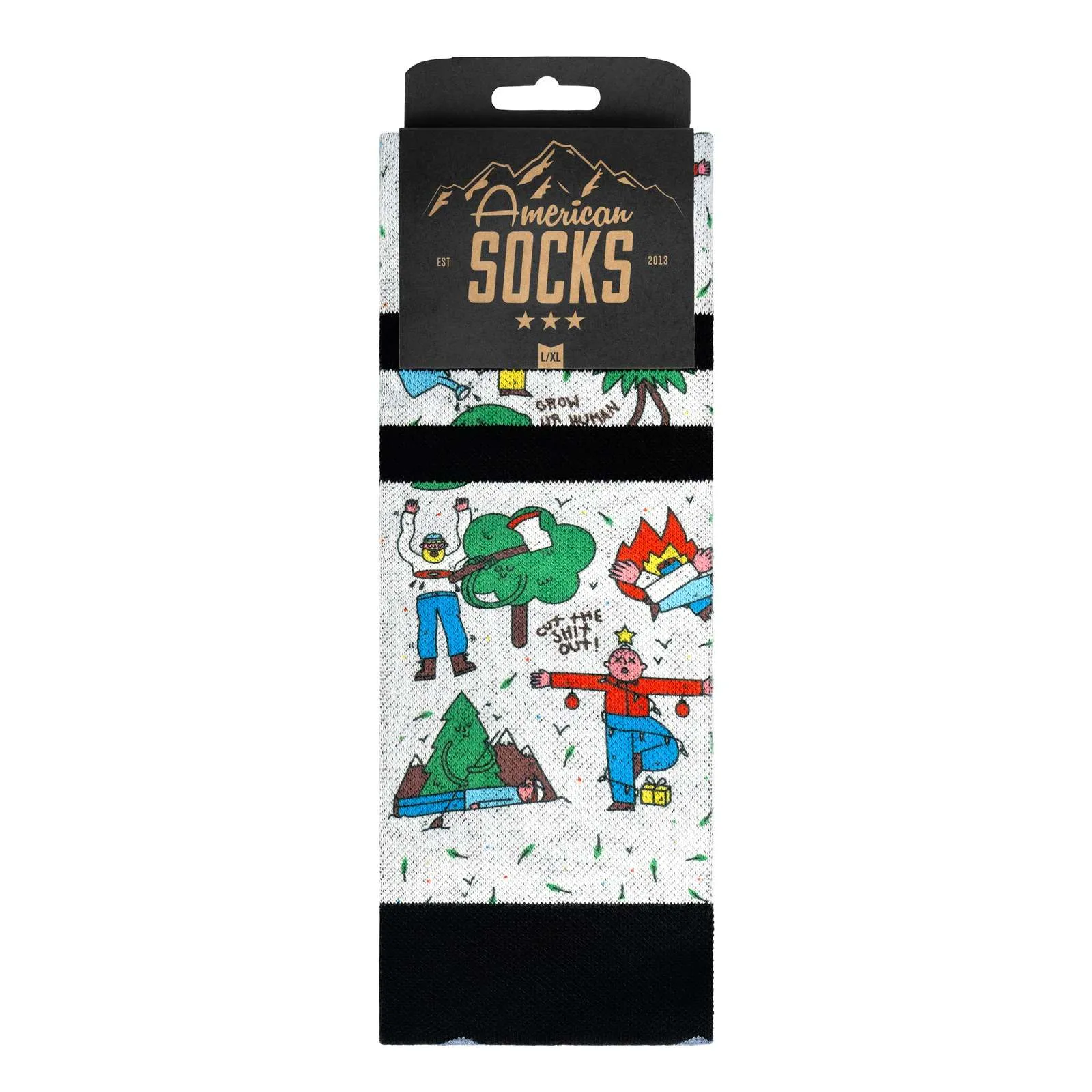 Calzini da neve confezionati con motivi comici, tra cui alberi, montagne e persone. Polsini neri in alto e in basso, logo "American Socks".