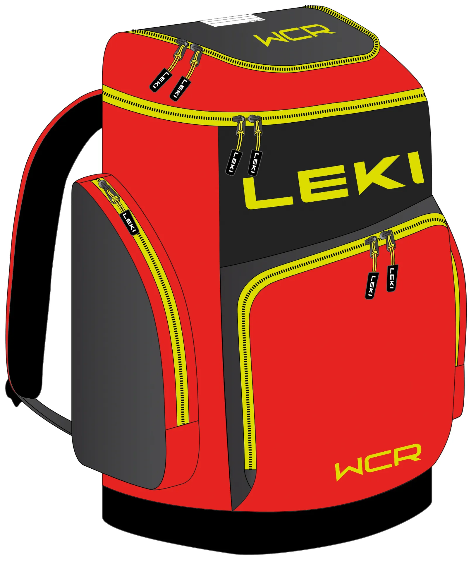 Sac pour bottes de ski rouge et noir Leki WCR avec fermetures éclair et bretelles jaunes.