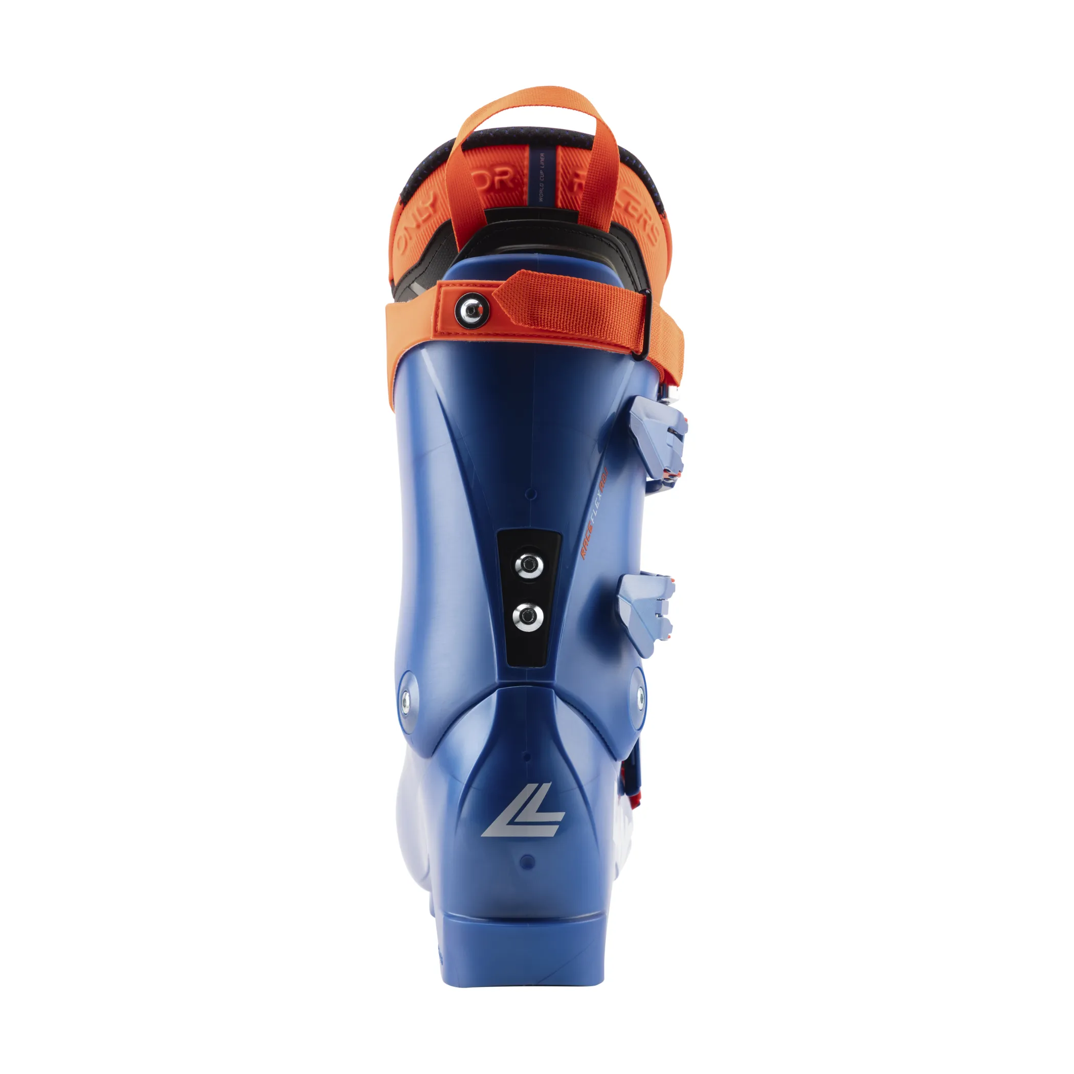 Blue Lange RS 130 MV ski boot from behind. Orange strap and buckles. The brand logo can be seen at the bottom.