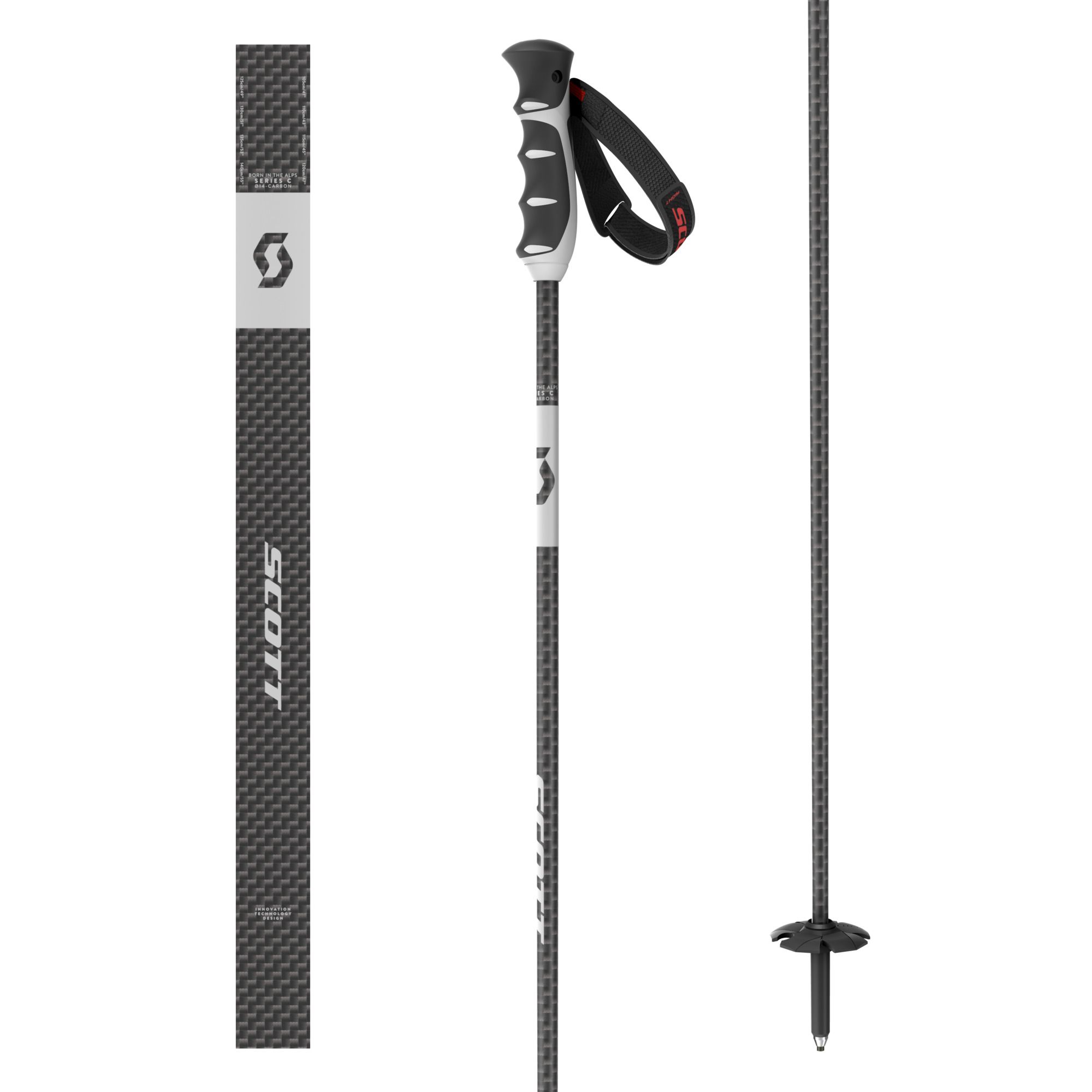 SCOTT Zeo 14 ski poles Three SCOTT Zeo 14 ski poles, including a close-up of the carbon shaft and one with strap and plate.