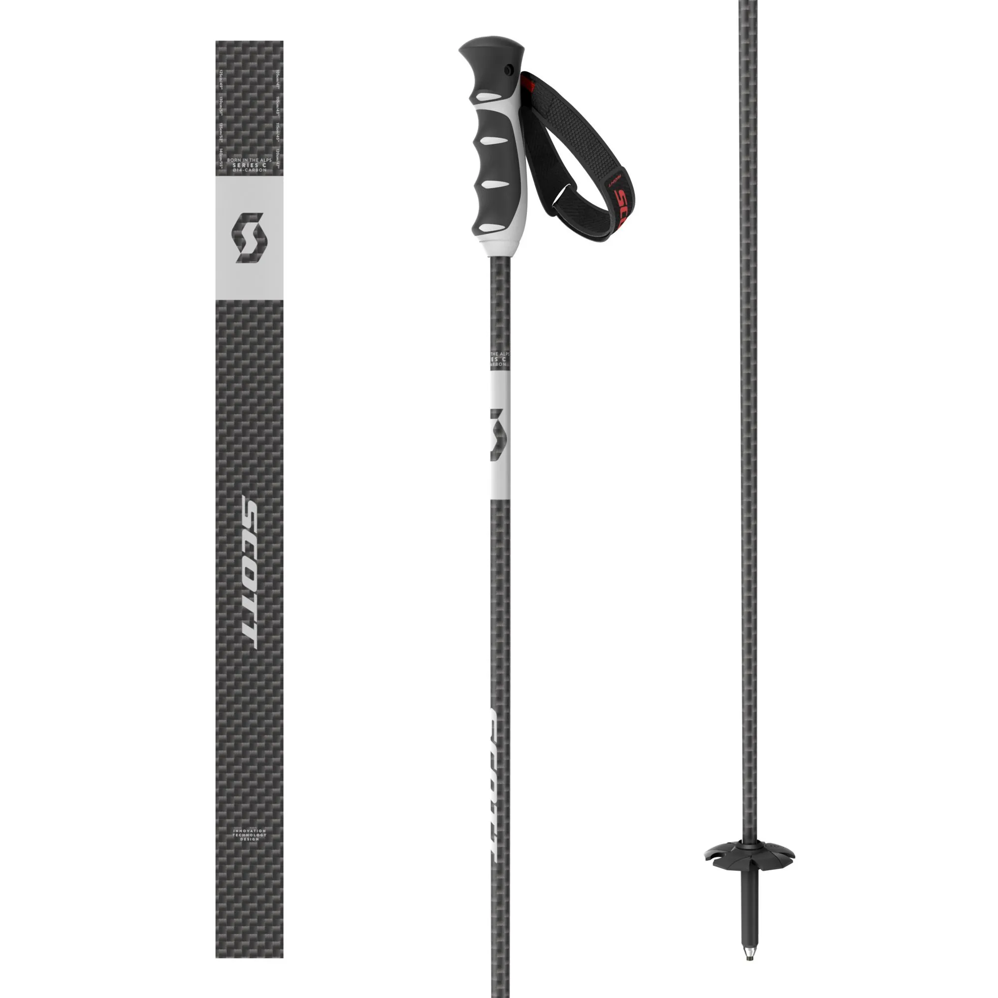 Three SCOTT Zeo 14 ski poles, including a close-up of the carbon shaft and one with strap and plate.