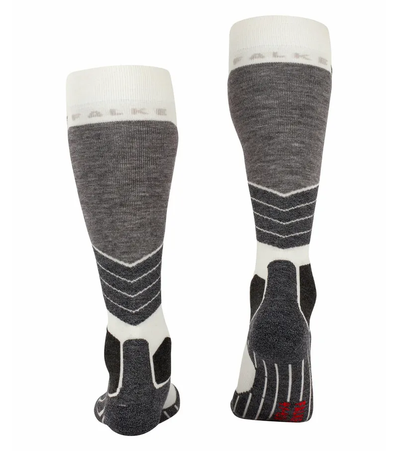 Two knee-high socks in wool white and gray, front and back view. Skiing socks with padding.