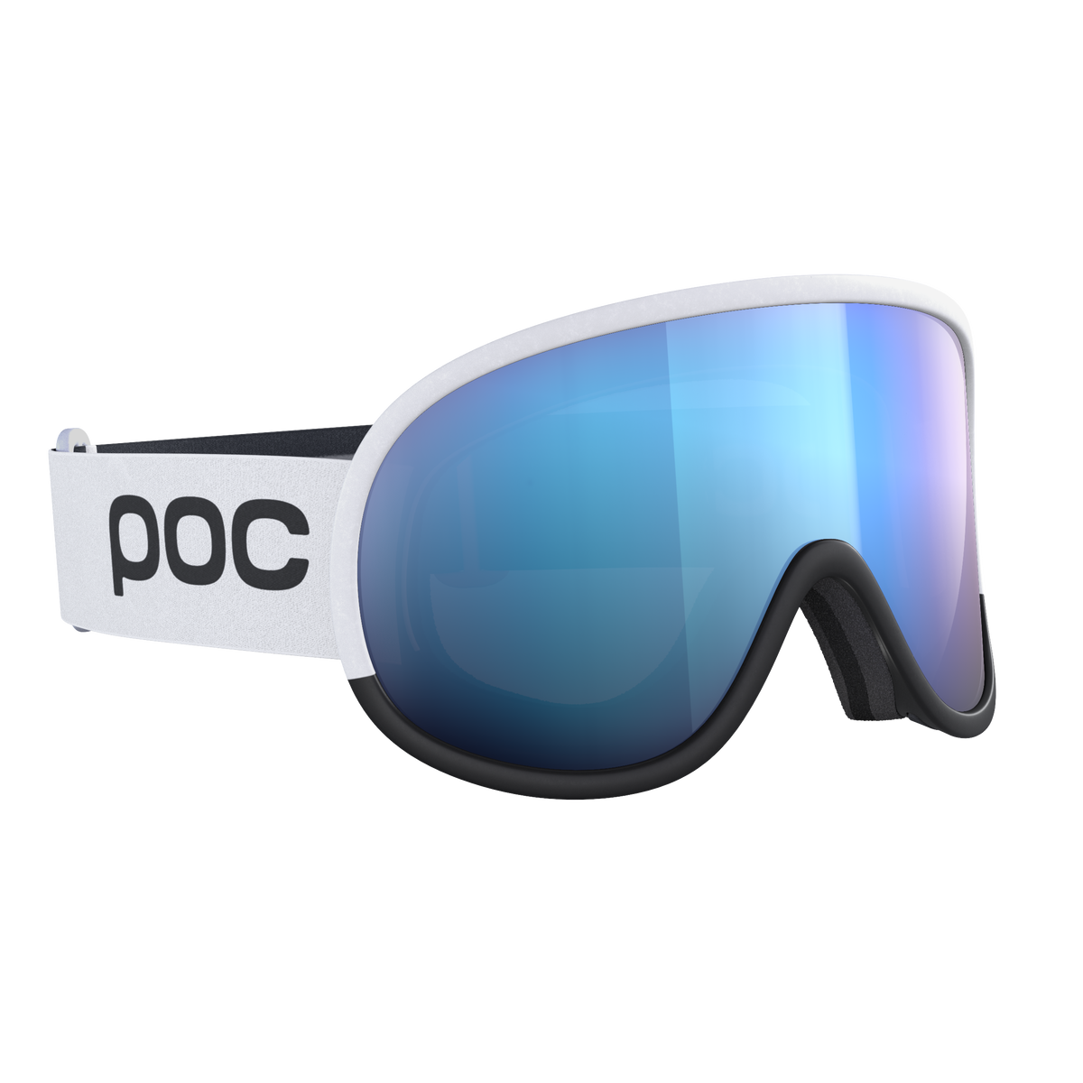 POC Retina Race WF Skibrille Weiße POC Retina Race WF Skibrille mit blauer Clarity Scheibe und schwarzem Rahmen, Seitenansicht.