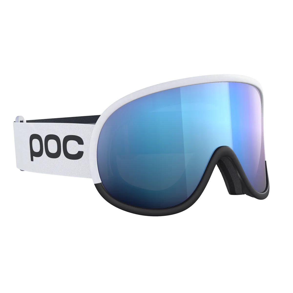 White POC Retina Race WF ski goggles with blue Clarity lens and black frame, side view.