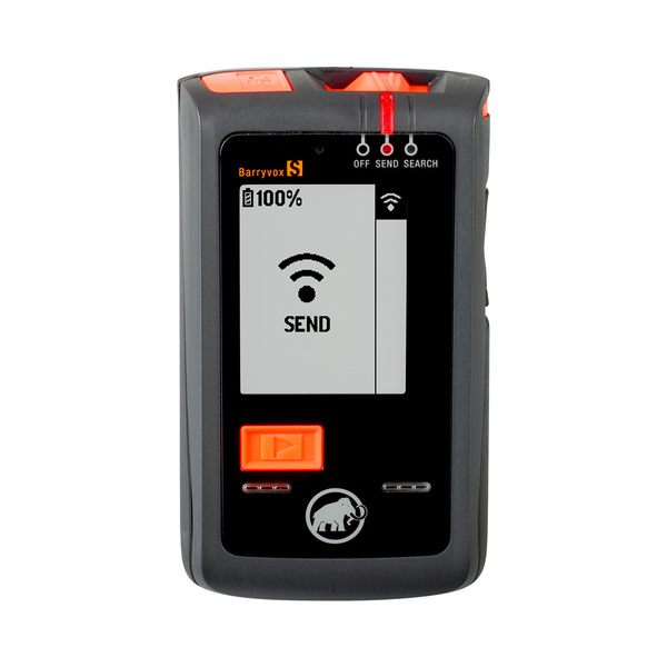 Mammut DVA Barryvox S avec affichage "SEND", état de la batterie 100% et logo Mammut.