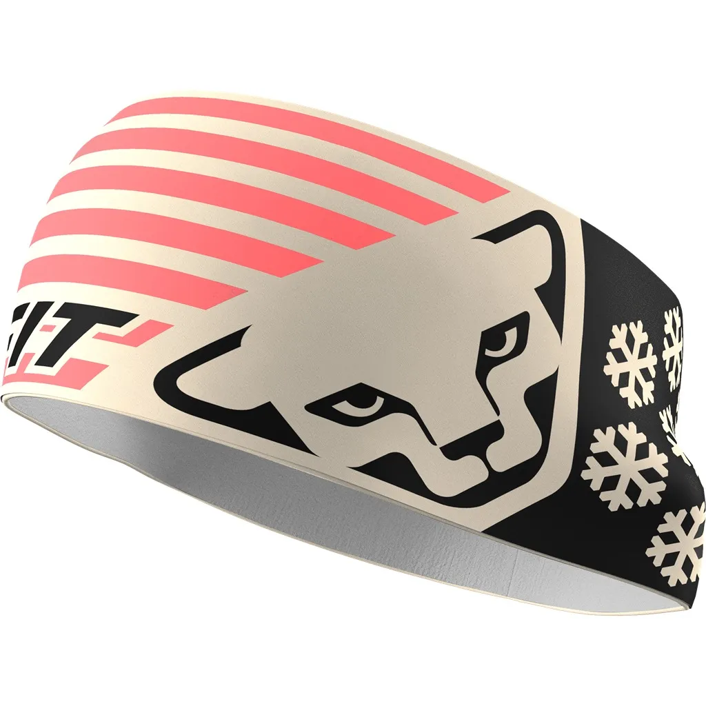Bandeau "Overcast Flag" avec motif à rayures, flocons de neige et tête de chat en beige, noir et rouge.
