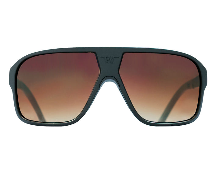 Schwarze Sonnenbrille Fade Flight Frontansicht der schwarzen Bankroll Fade Flight Optics Sonnenbrille mit braunem Farbverlauf in den Gläsern.