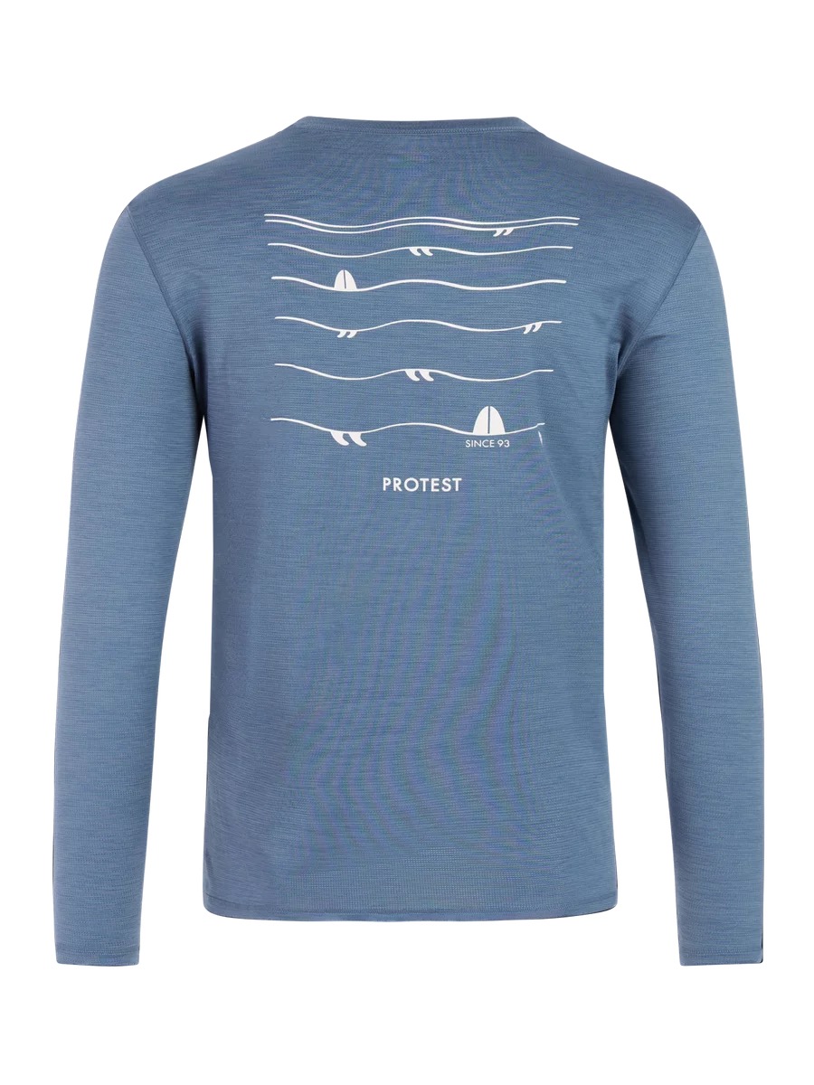Blue long-sleeved shirt with a white wave and surfboard pattern on the back and the lettering "Protest".