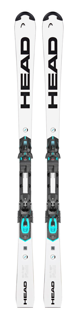 Frontale Ansicht des weißen Head WCR e-SL Rebel FIS Slalom Skis mit schwarzer Freeflex 14 Bindung.