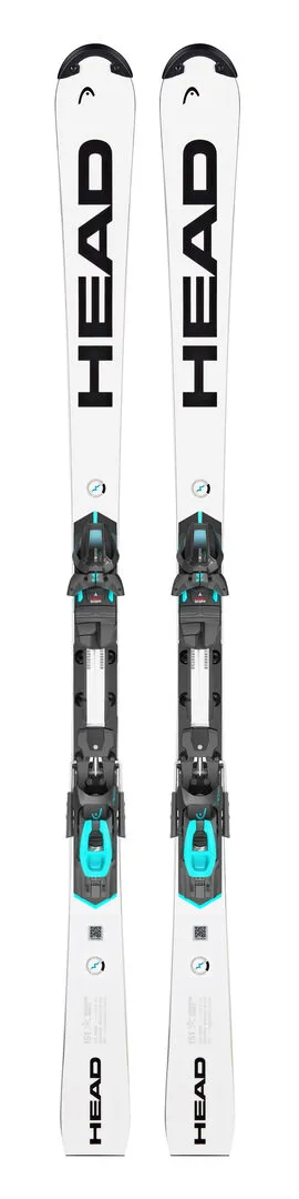 Frontale Ansicht des weißen Head WCR e-SL Rebel FIS Slalom Skis mit schwarzer Freeflex 14 Bindung.