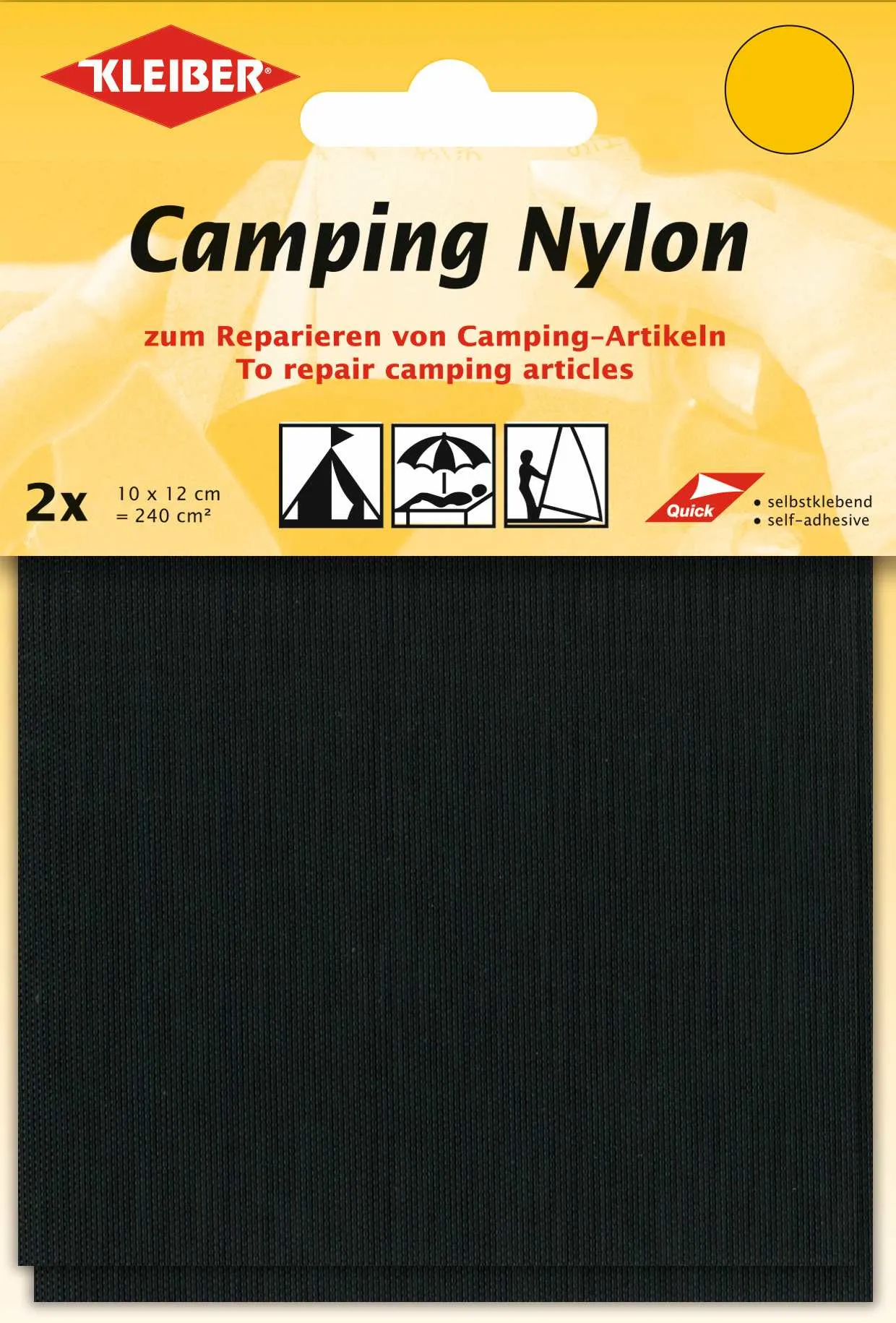 Packaging of black, self-adhesive camping nylon patches for repairing camping items.