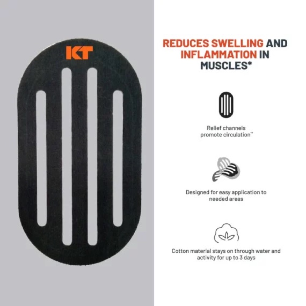 Infografik: KT Recovery Patch mit Schlitzen, die die Zirkulation fördern und Schwellungen reduzieren. Baumwollmaterial, einfache Anwendung.