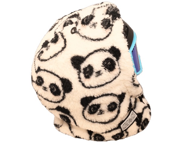 Cream-colored children's balaclava crafted from soft plush fabric, showcasing black panda faces. Part of a pair of ski goggles with a blue strap is visible on the side. It protects the head, neck, and face from the cold, making it ideal for winter sports.