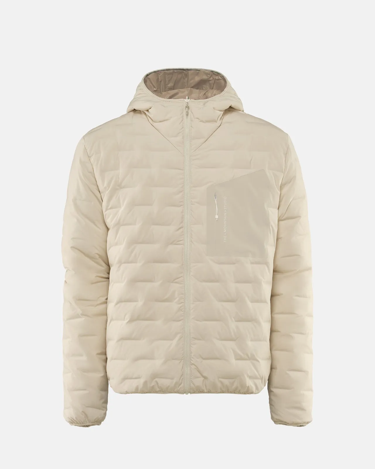 Sand-coloured, quilted light hood jacket with zipper and hood. One chest pocket with zipper is visible.