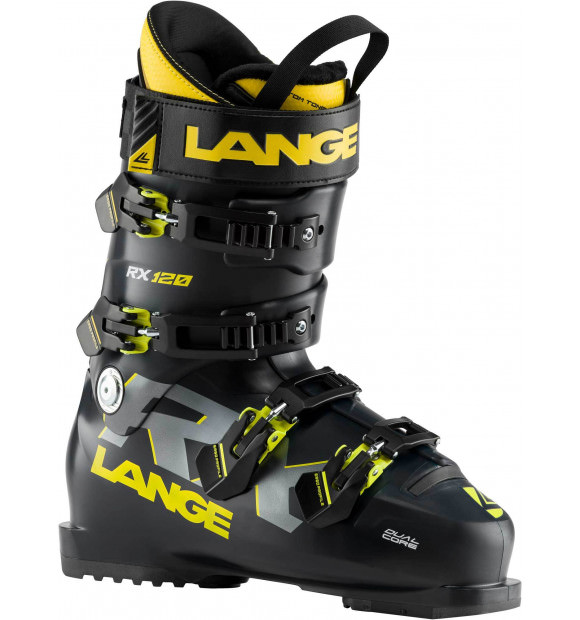Schwarzer Lange RX 120 Skischuh mit gelben Akzenten und Schnallen, seitliche Ansicht.