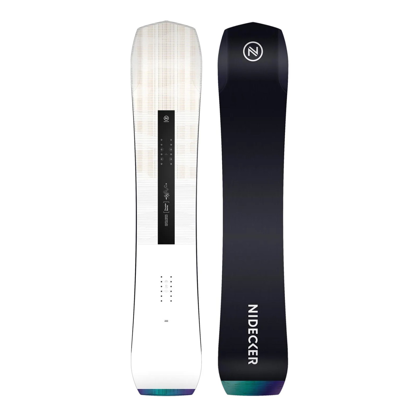 Zwei Nidecker Thruster Snowboards, eines mit Oberseite und eines mit Unterseite.