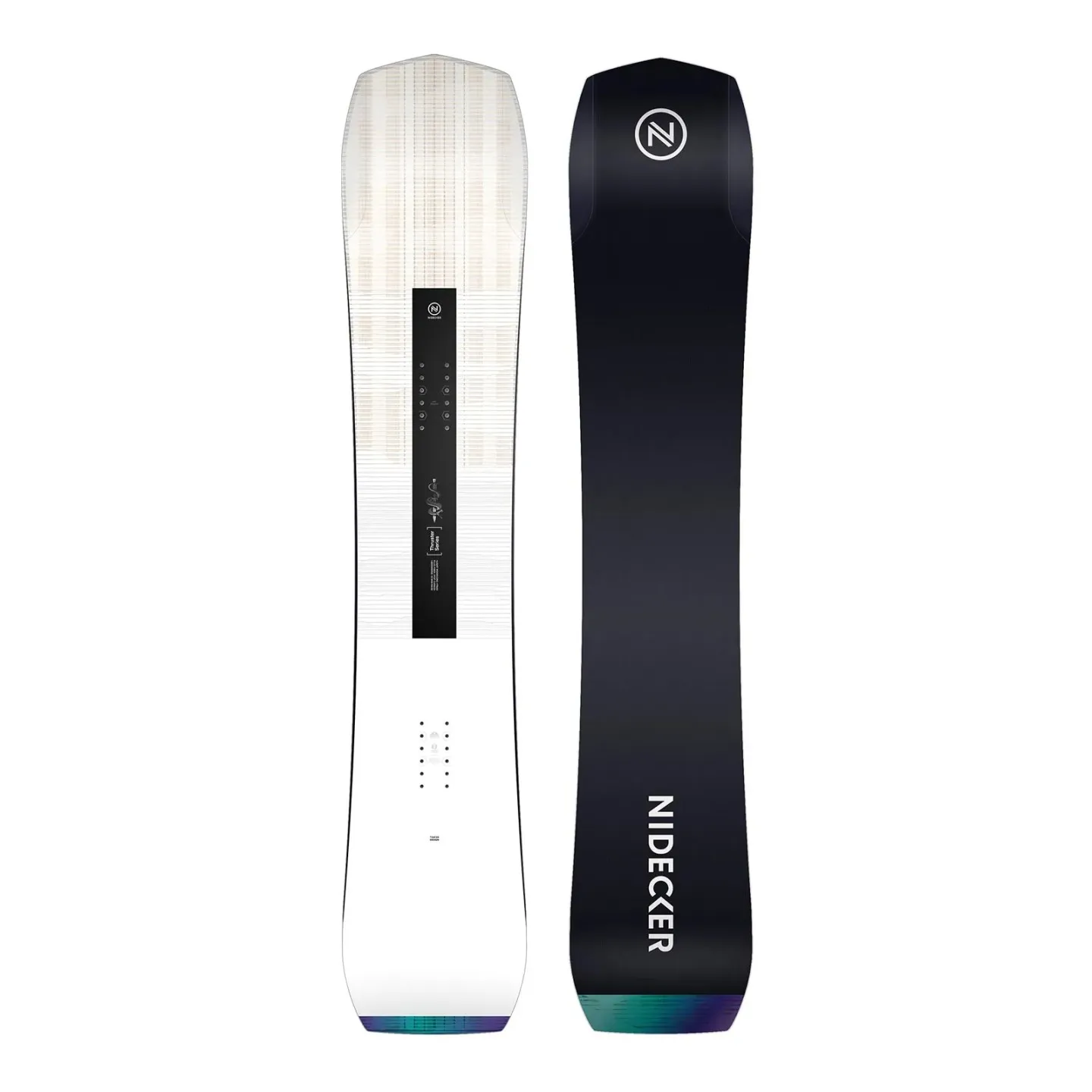 Two Nidecker Thruster snowboards, one with top side and one with bottom side.