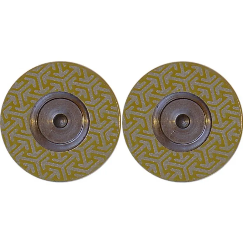 Two yellow Tooltonic Roto Finish RF400 replacement diamond discs, 400 grit, with silver arrow pattern, front view.