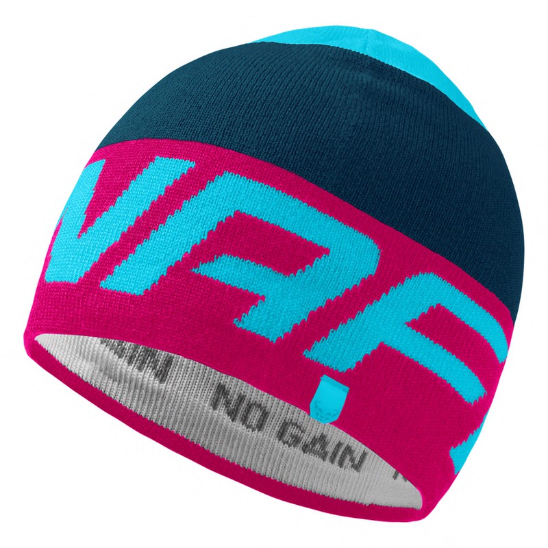Bonnet bleu marine Dynafit Radical avec bandeau logo rose et turquoise et finition bleu clair.