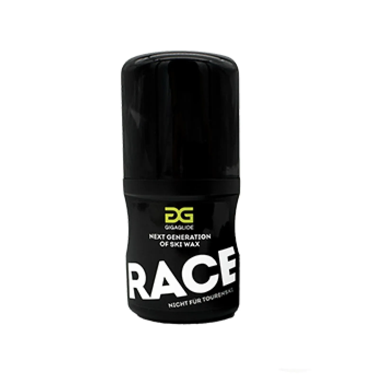 Schwarze Flasche Gigaglide Race Skiwachs mit weißer Schrift "RACE" auf dem Etikett.