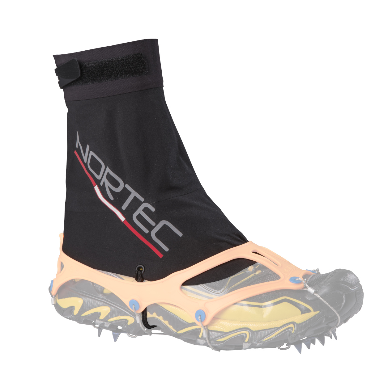 Nortec Micro Gaiter an einem Schuh befestigt, mit Klettverschluss am oberen Ende und Spikes unter dem Schuh.