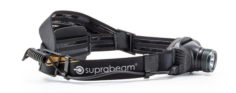 Suprabeam V3 Pro Stirnlampe Nahaufnahme einer Suprabeam V3 pro r Stirnlampe in Schwarz, mit verstellbarem Kopfband.