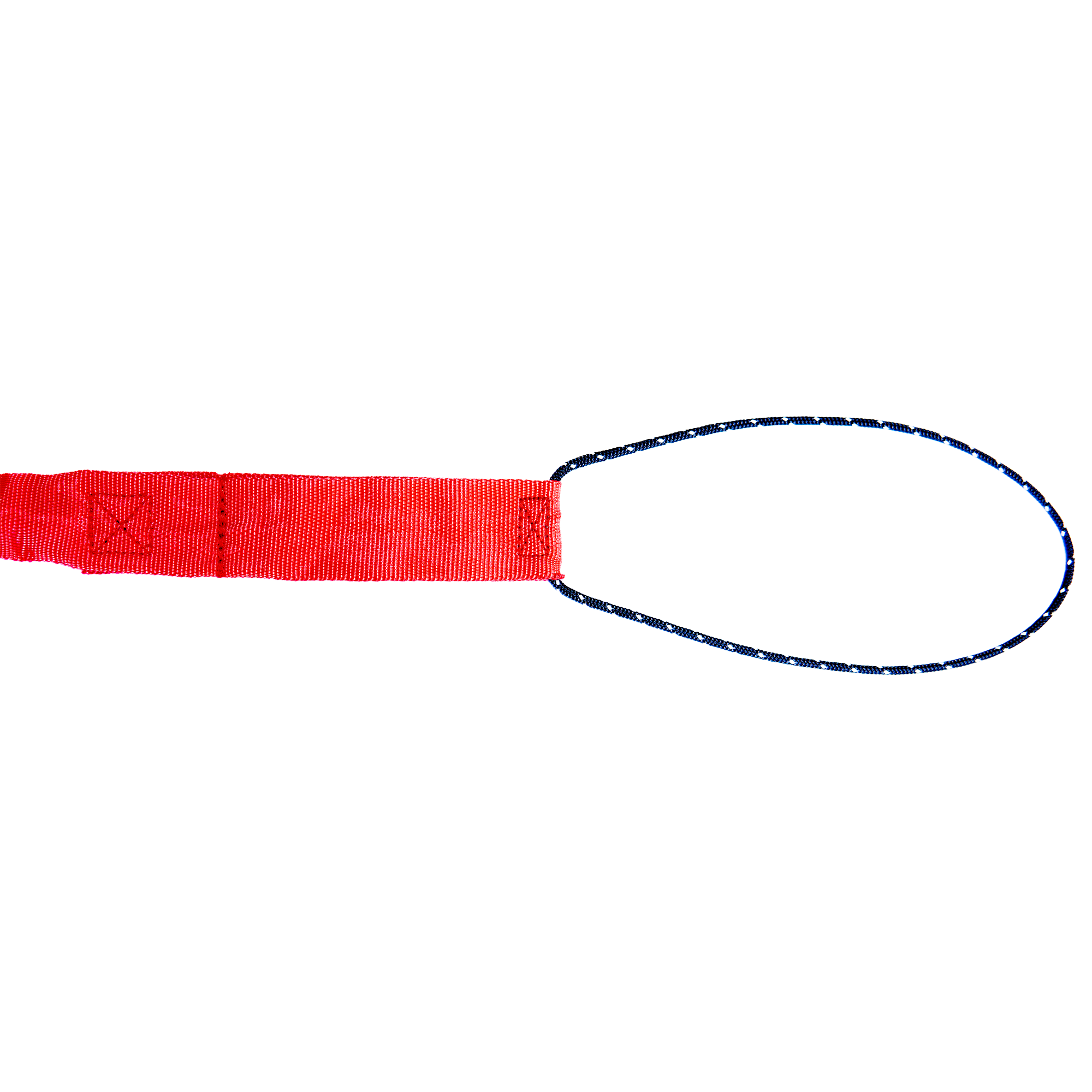 Nahaufnahme des TowWhee CONNECT: Rotes Gurtband verbunden mit einer blauen Seilschlaufe für eine schnelle Fahrradverbindung.
