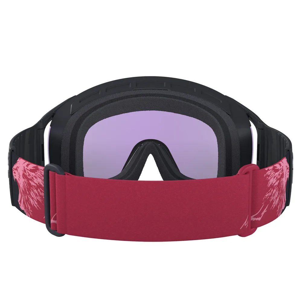 Black POC Zonula Clarity ski goggles with pink strap and pink lens, front view.