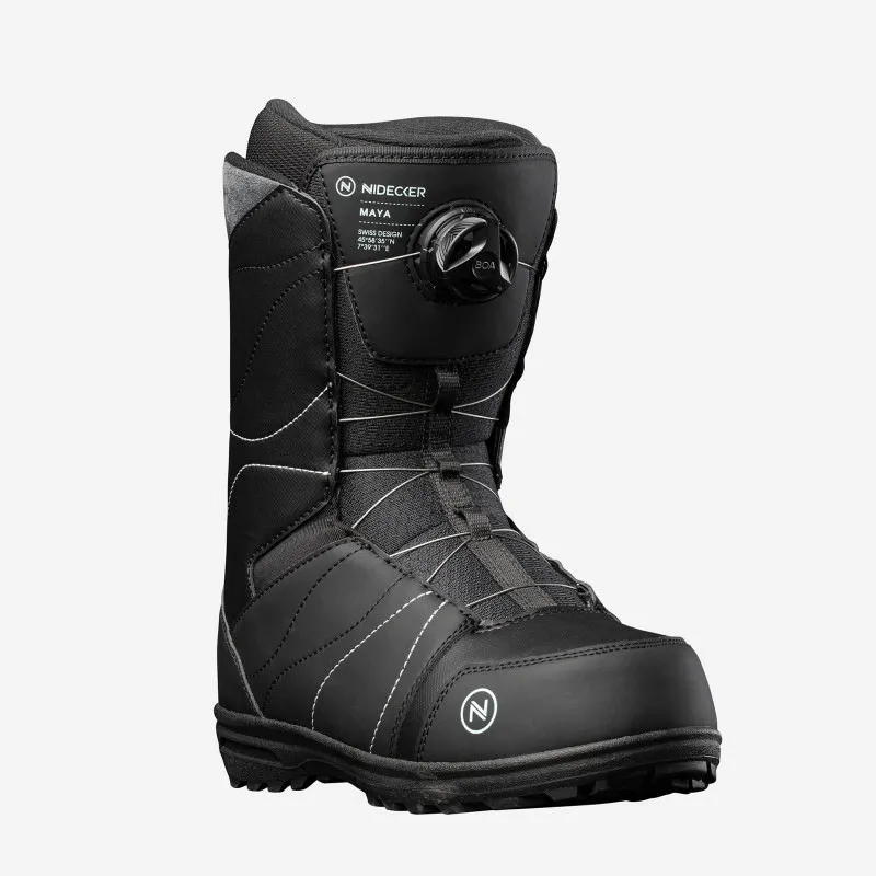 Black Nidecker Maya snowboard boot with Boa lacing system, front view.