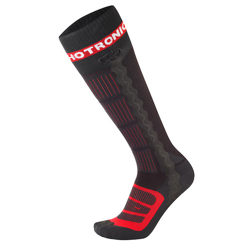 Eine schwarze, knielange Heat Sock Surround Comfort EVO mit roten Details, inklusive Markenlogo, seitlich aufgedruckt.