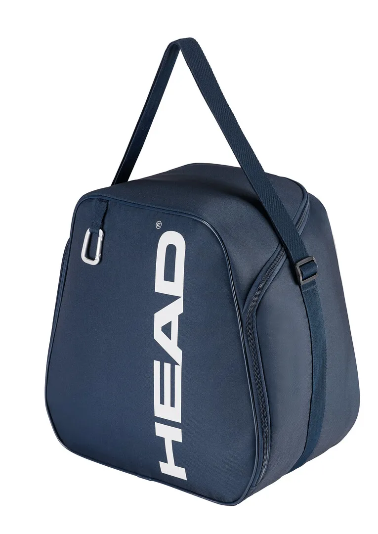 Sac à chaussures de ski Head Bootbag bleu avec bandoulière et poignée, logo sur le côté en blanc.