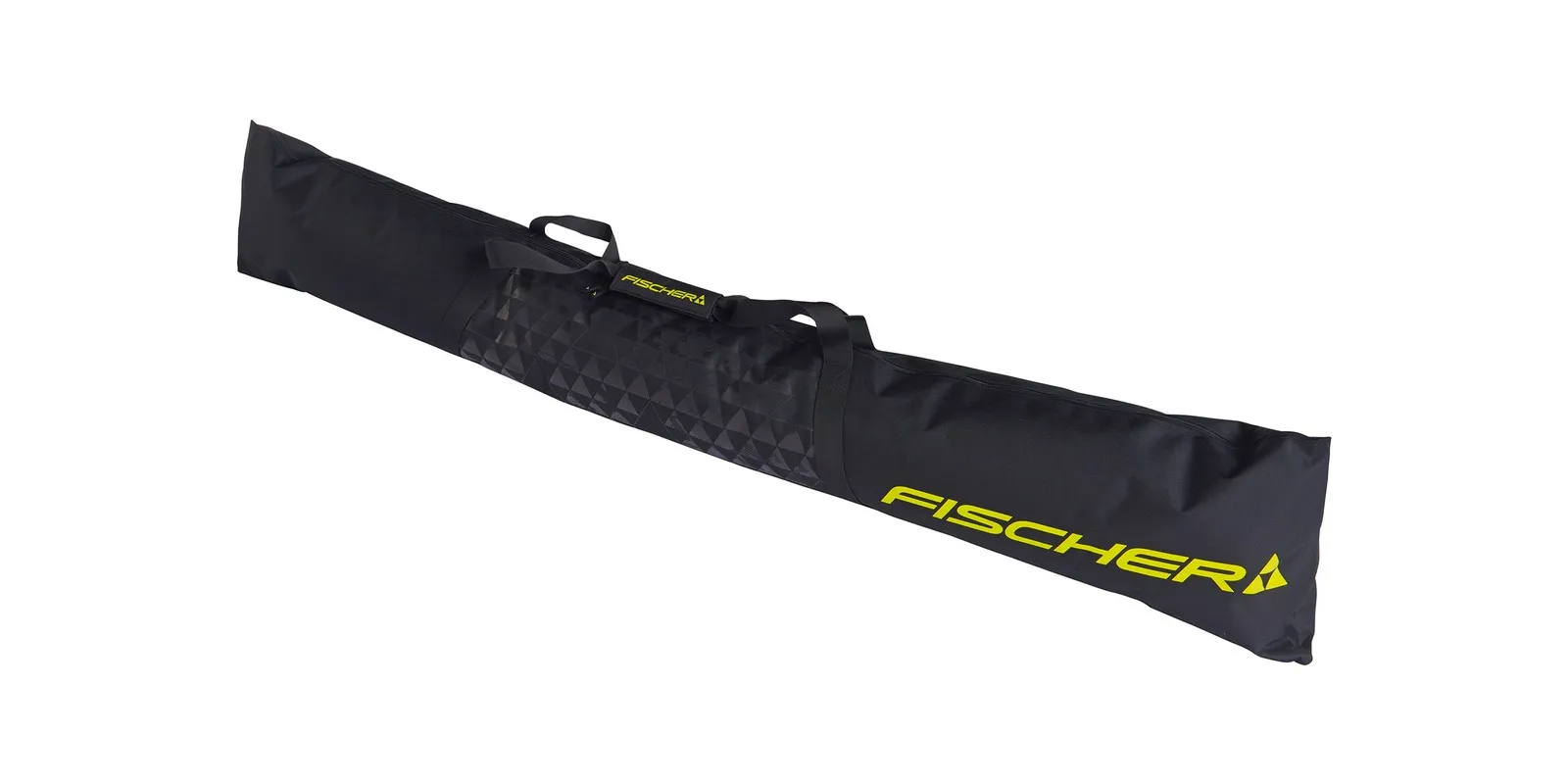 Long sac à skis noir avec logo jaune "Fischer"et poignées de transport, en diagonale sur fond blanc.