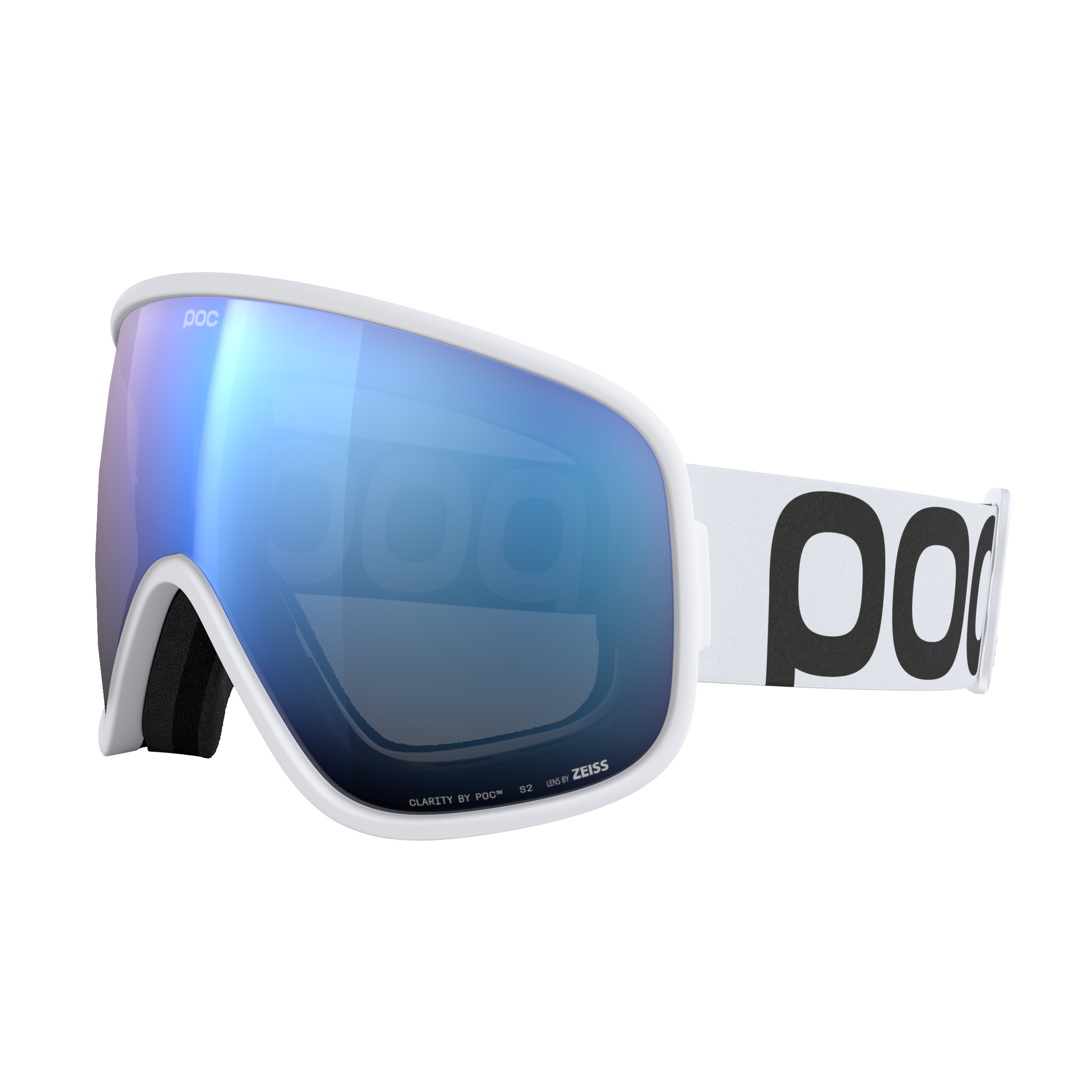 Weiße POC Vitrea Skibrille mit blauer Partly Sunny Blue Linse, seitliche Ansicht.