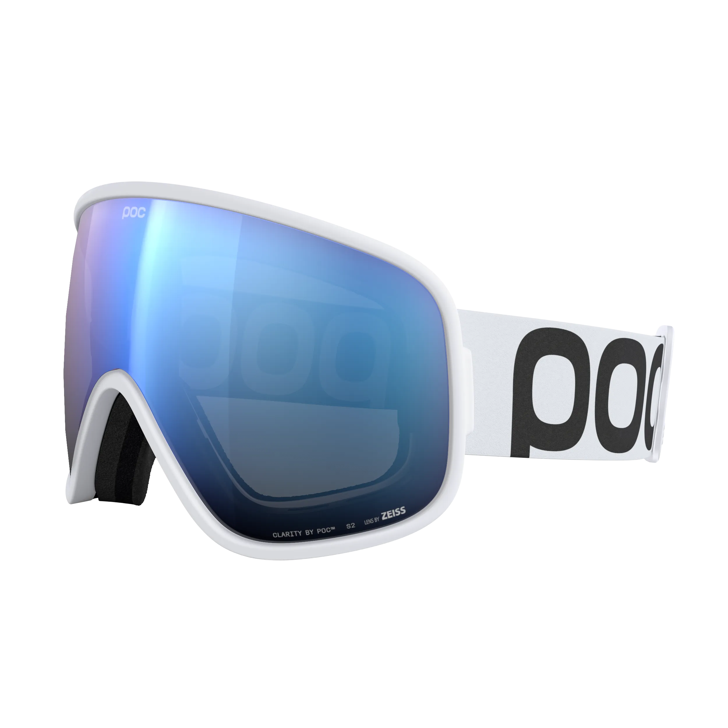 White POC Vitrea ski goggles with blue Partly Sunny Blue lens, side view.