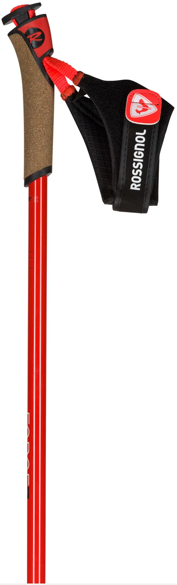 Detailed view of a red `Rossignol Force 7` ski pole with cork grip and black strap with the Rossignol logo.